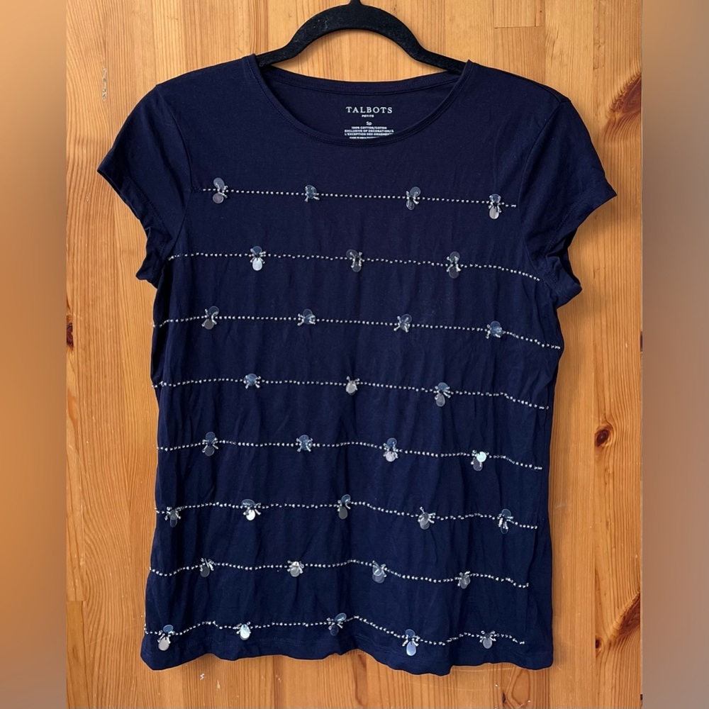 Talbots Women's Navy Blue Beaded Short Sleeve Round Neck T-Shirt - Size SP